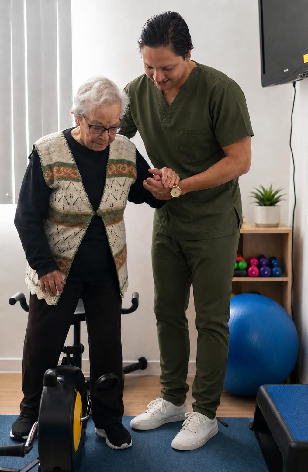 Fisioterapeuta de Carpenter's Clinic acompaña a una paciente durante su rehabilitación